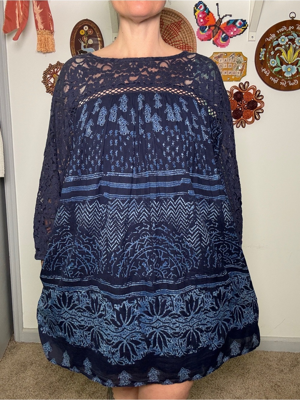 Free People Sun Daze Navy Blue Lace Yoke Boho Shift Dress